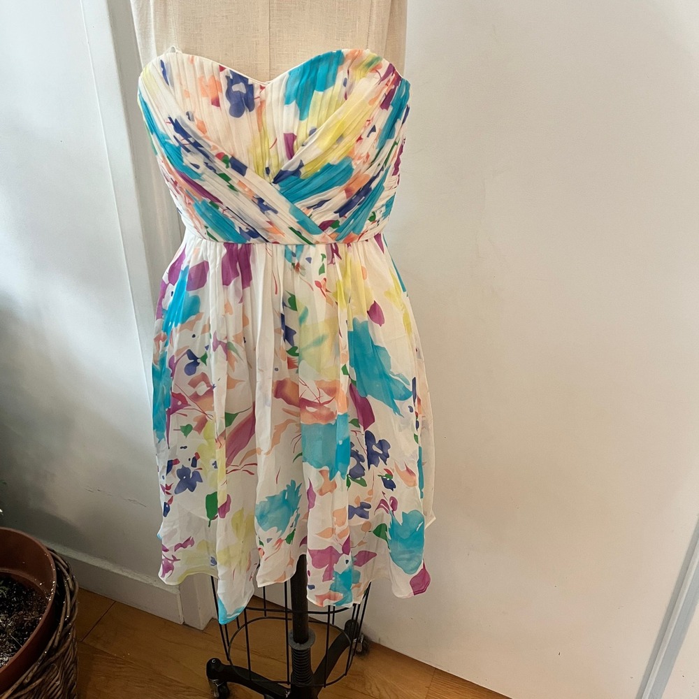 Yumi Kim Silk Strapless‎ Floral Watercolor Mini Dress White Multi XS